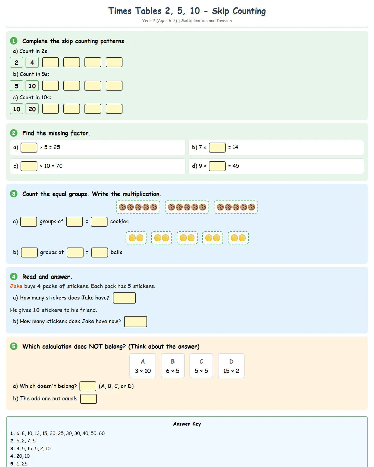 Times Tables 2, 5, 10 - Skip Counting - Free Printable...