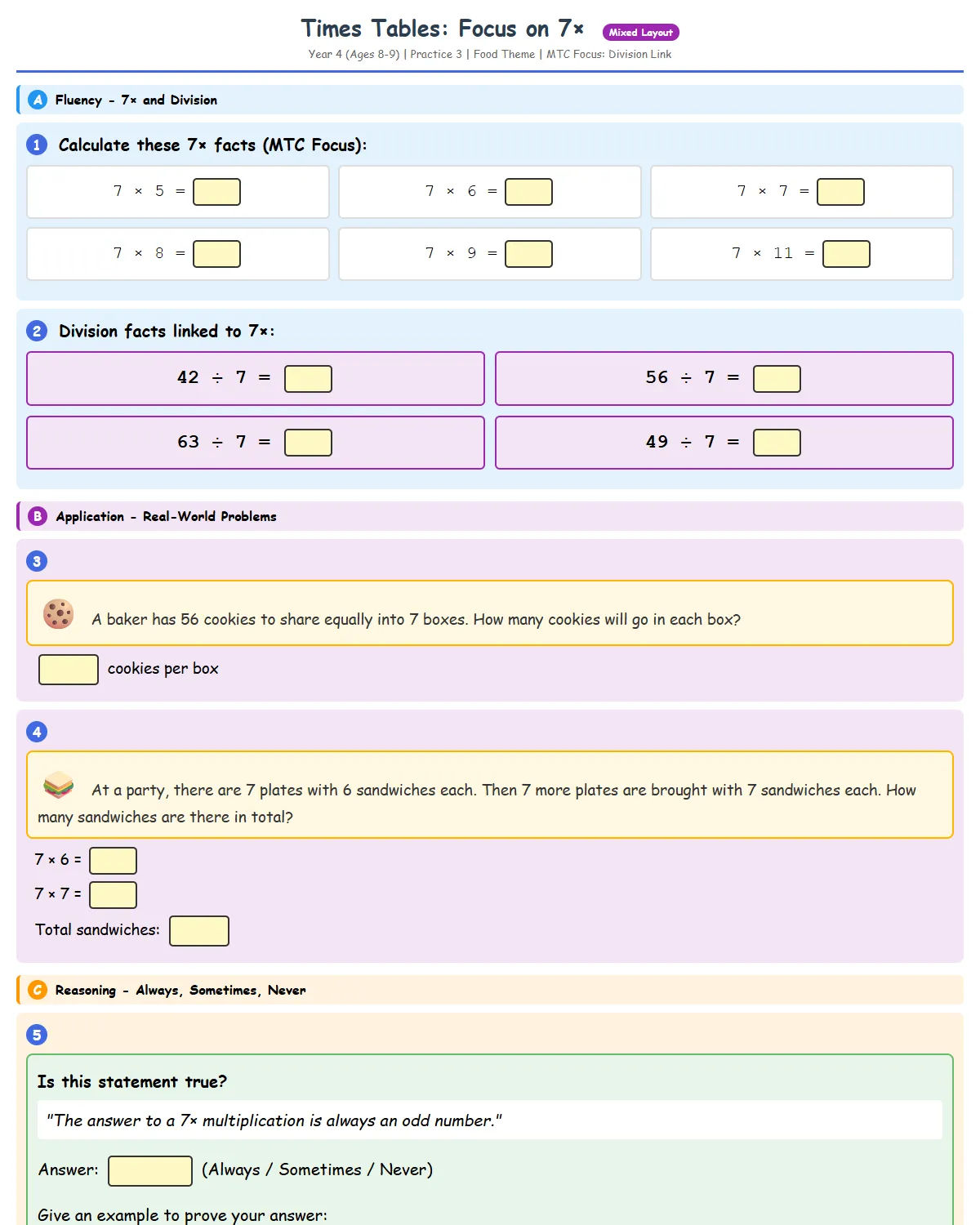 Times Tables: 7× Practice - Food Theme - Free Printabl...