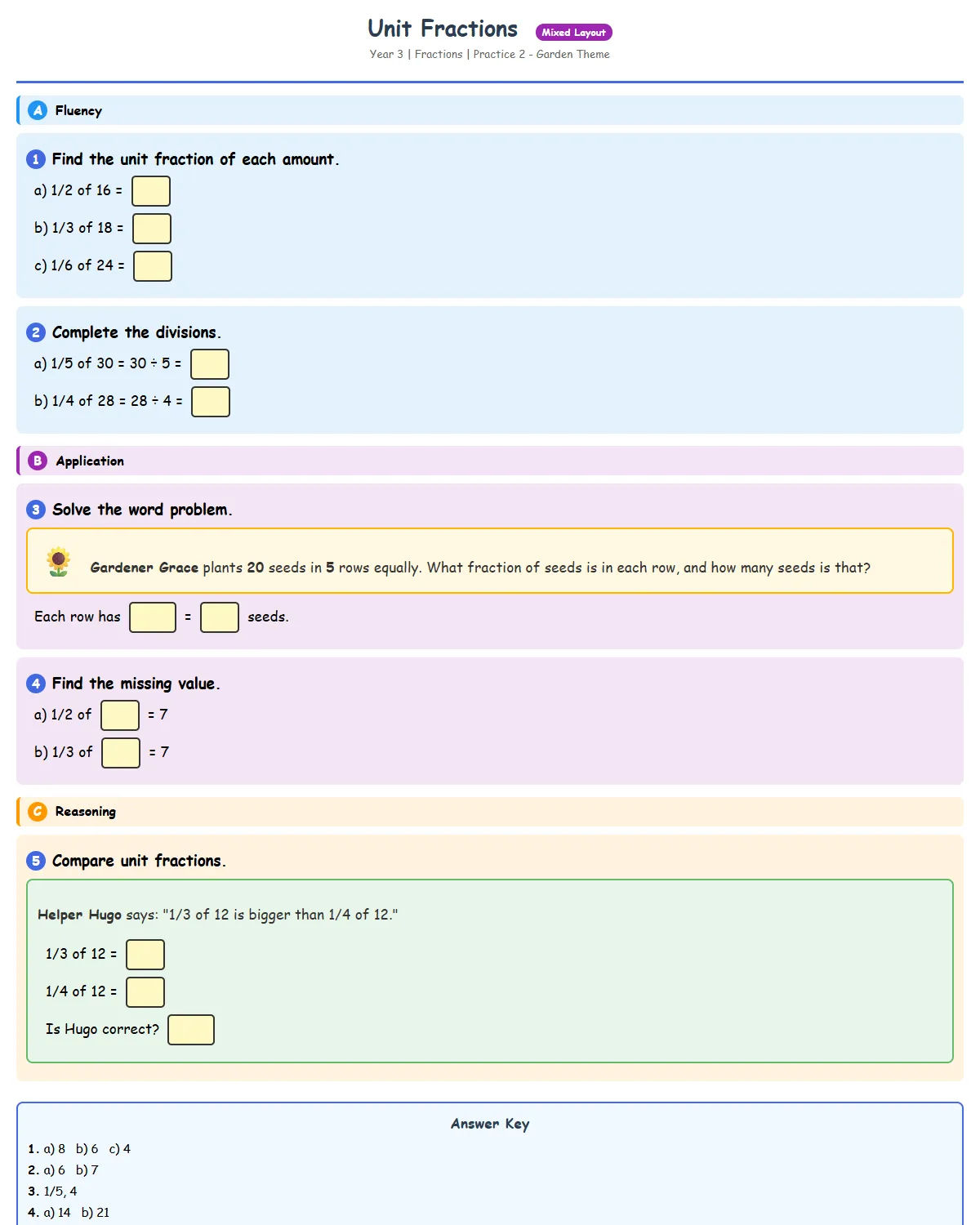 Unit Fractions - Practice 2 - Free Printable Year 3 (G...