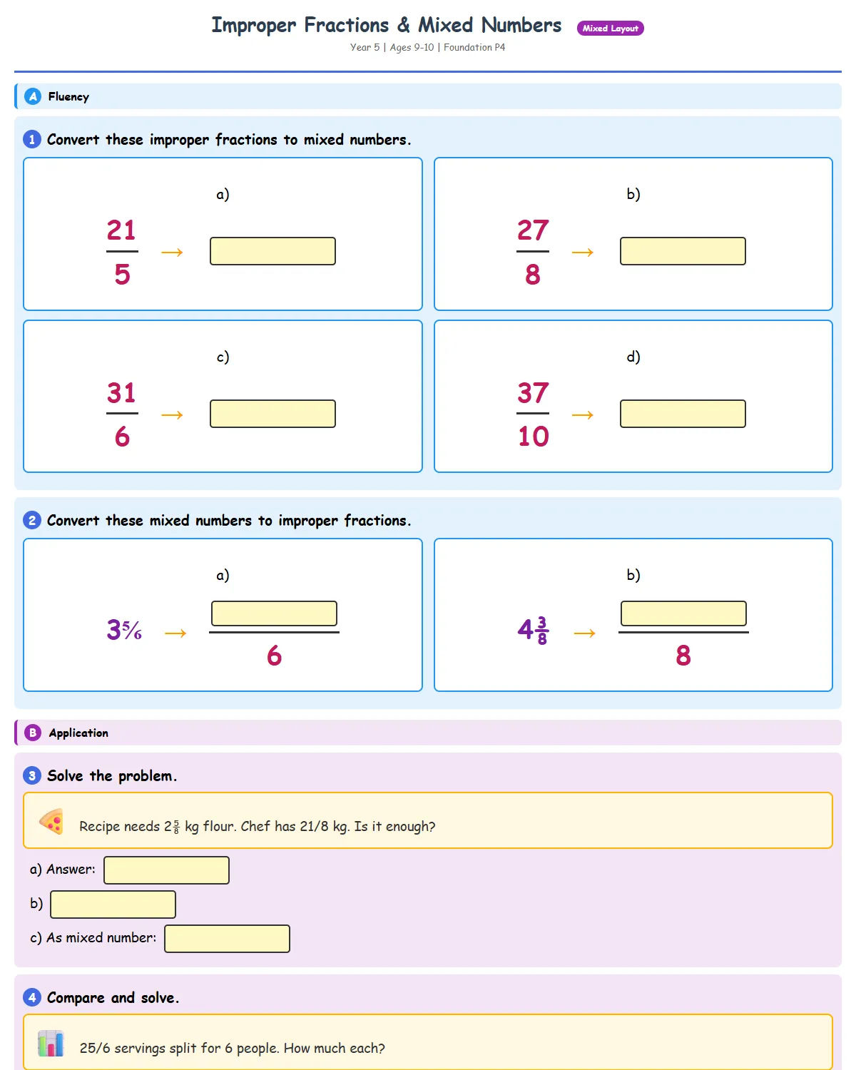 Free Improper Fractions and Mixed Numbers Printables for Grade 5 / Year 5