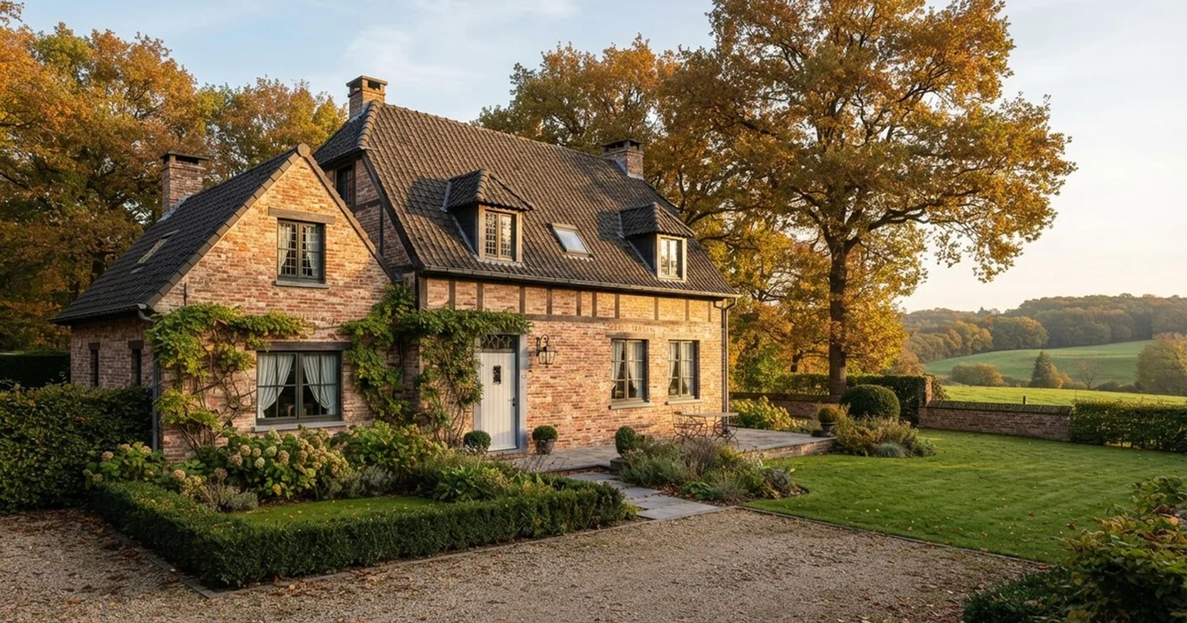 Maison belge en briques dans la campagne du Brabant Wallon, lumière d’automne