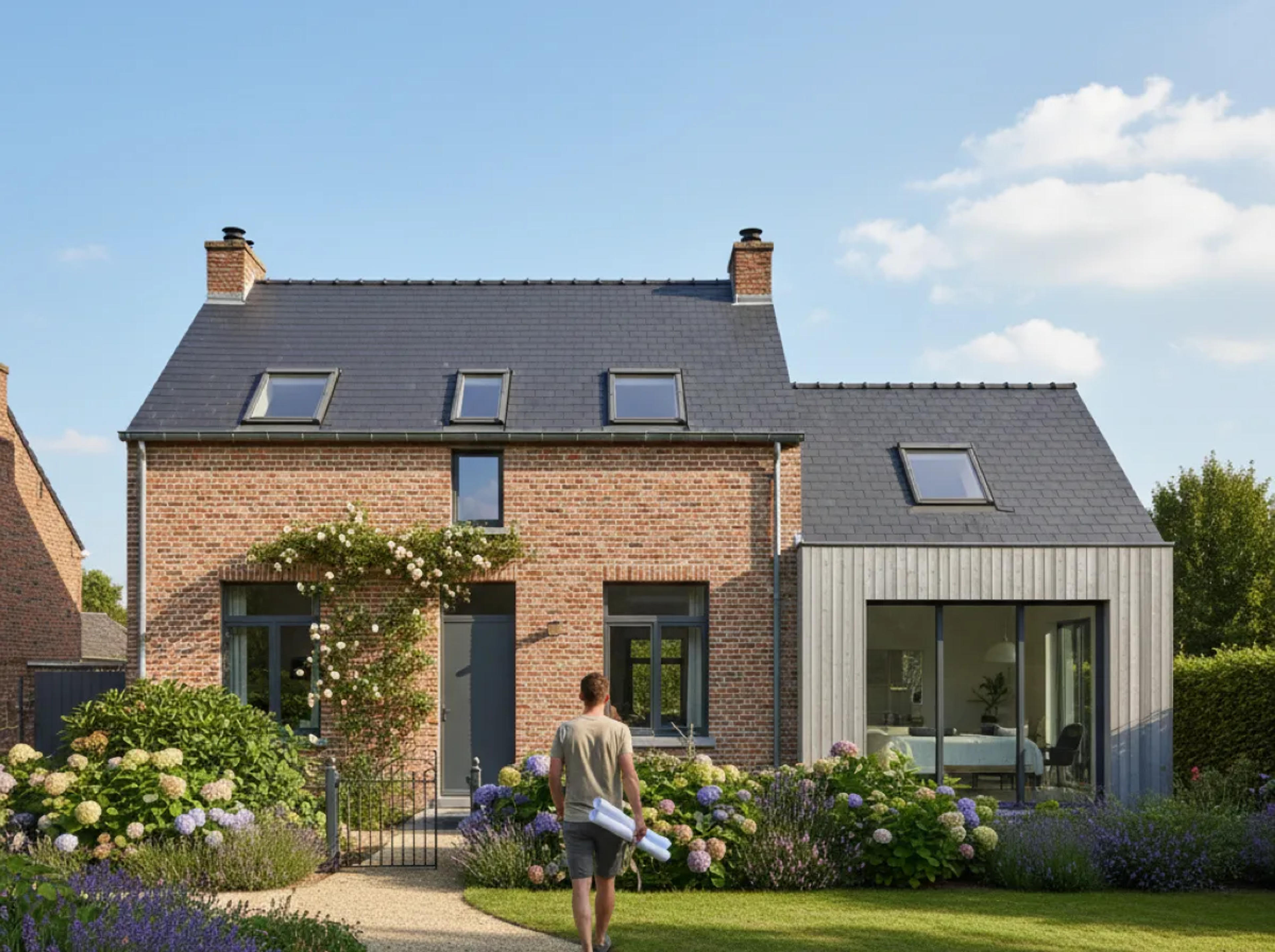 Maison belge en briques rouges avec extension moderne aux grandes baies vitrées, jardin fleuri d’hortensias Maison belge en briques rouges avec extension moderne aux grandes baies vitrées, jardin fleuri d’hortensias