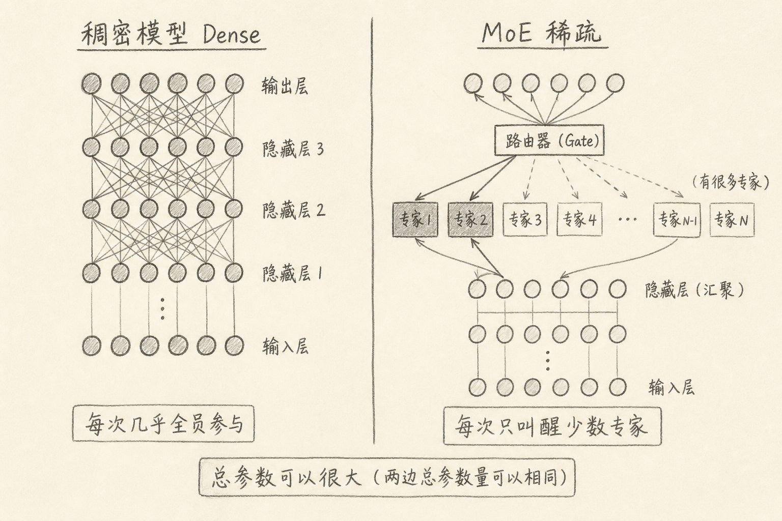 稠密模型与 MoE 稀疏激活对比