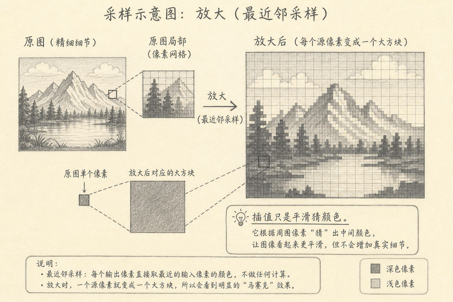 源像素被放大成色块，插值只是平滑猜测