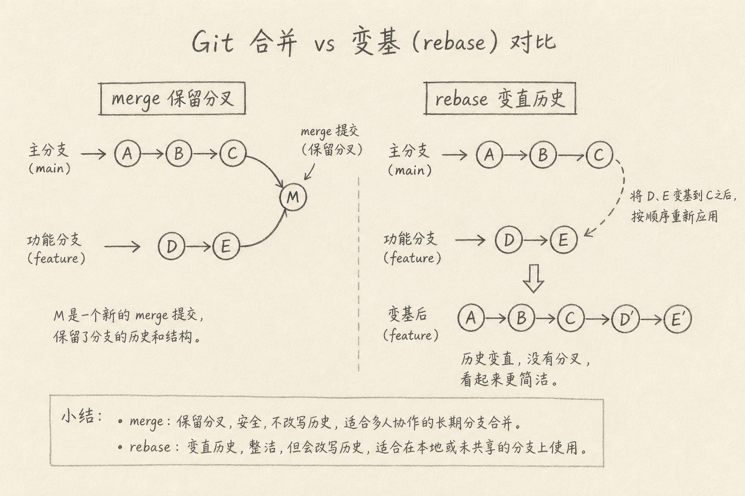 merge 保留分叉与 rebase 变直历史