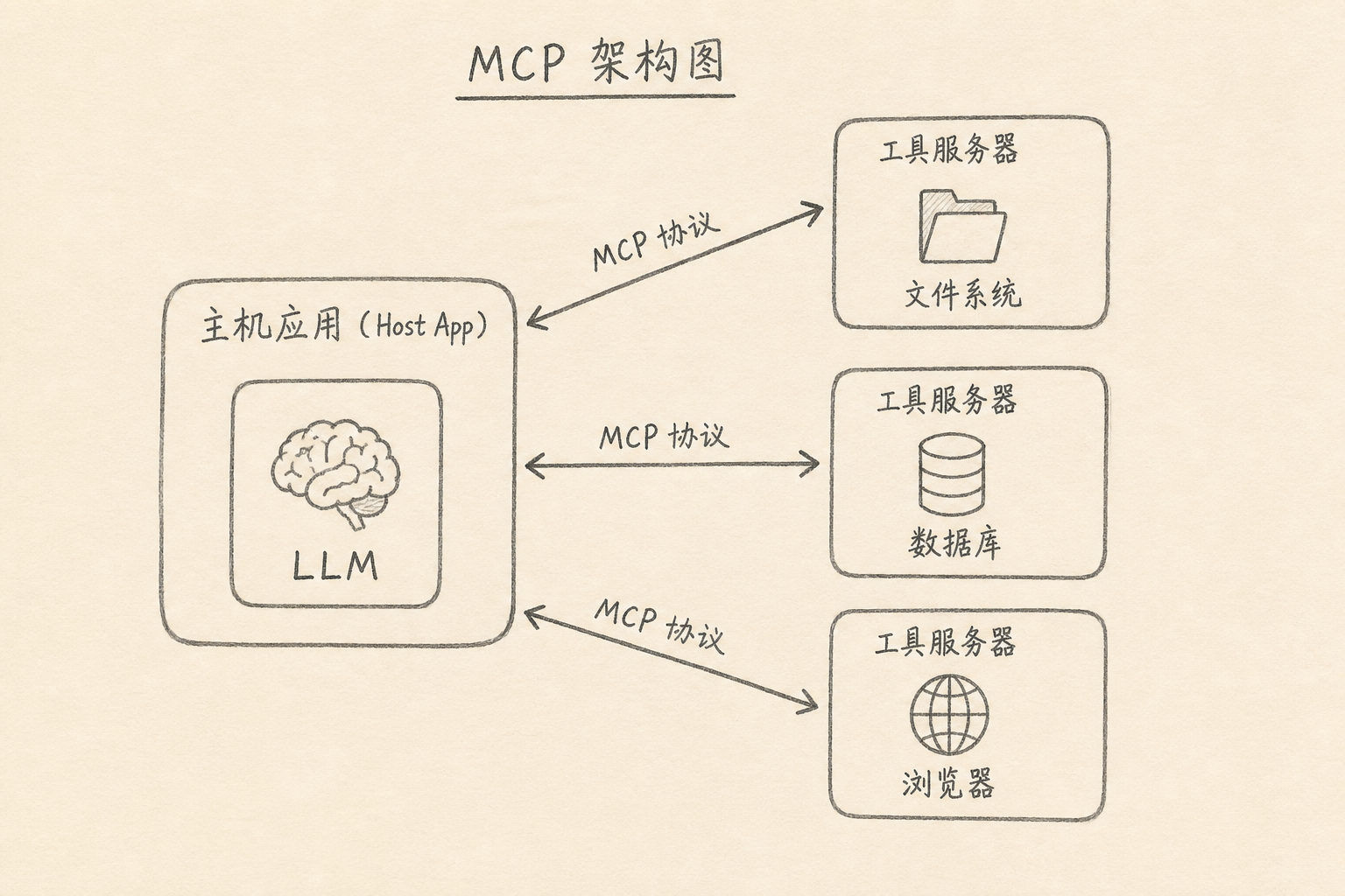 宿主通过 MCP 连接多个工具服务器