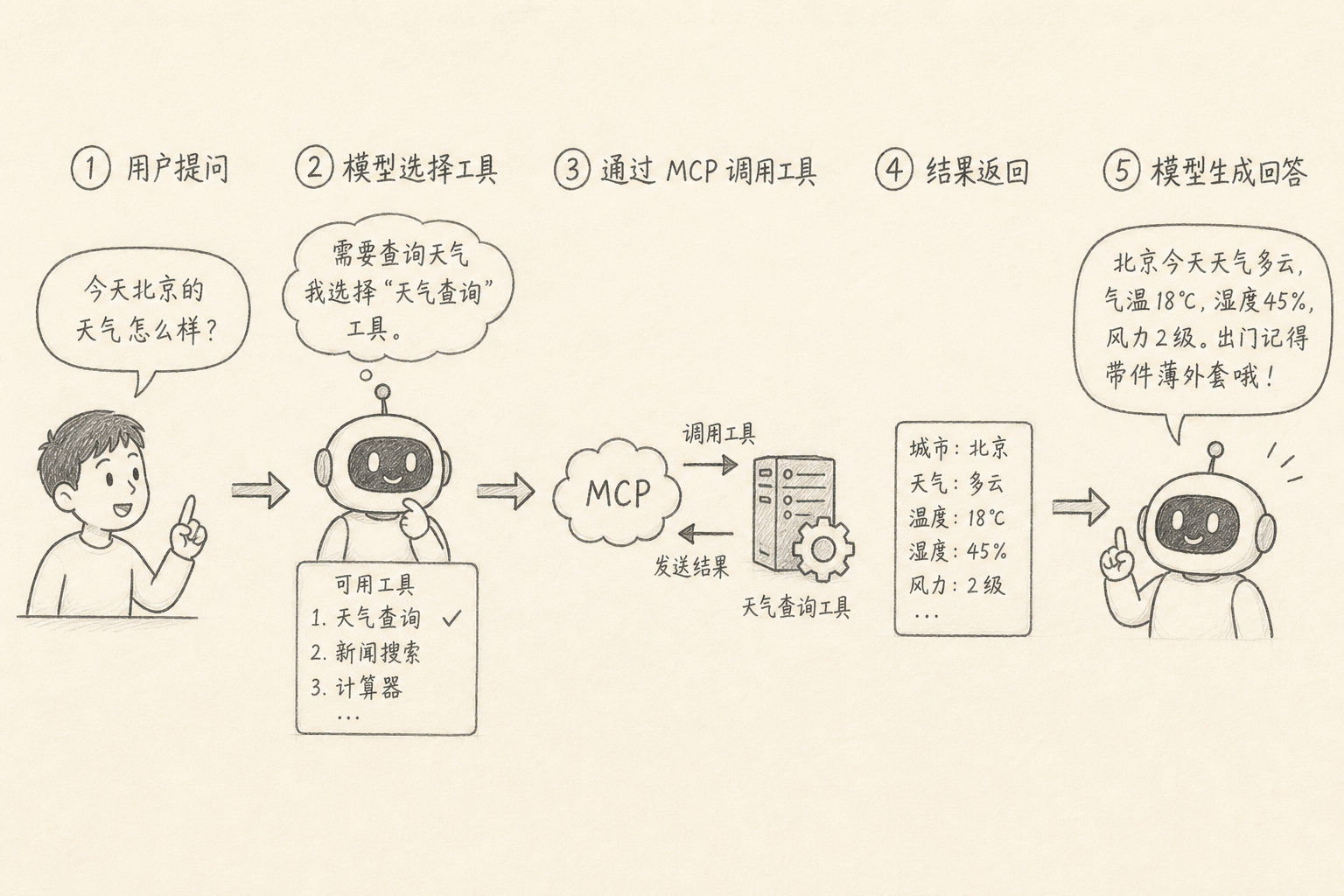 模型选工具、执行、再回答的循环