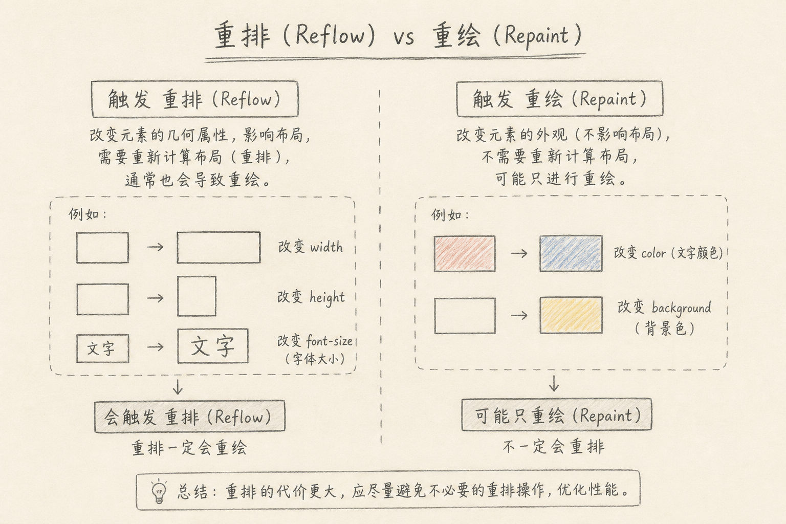 几何变化偏重排，颜色变化可能只重绘