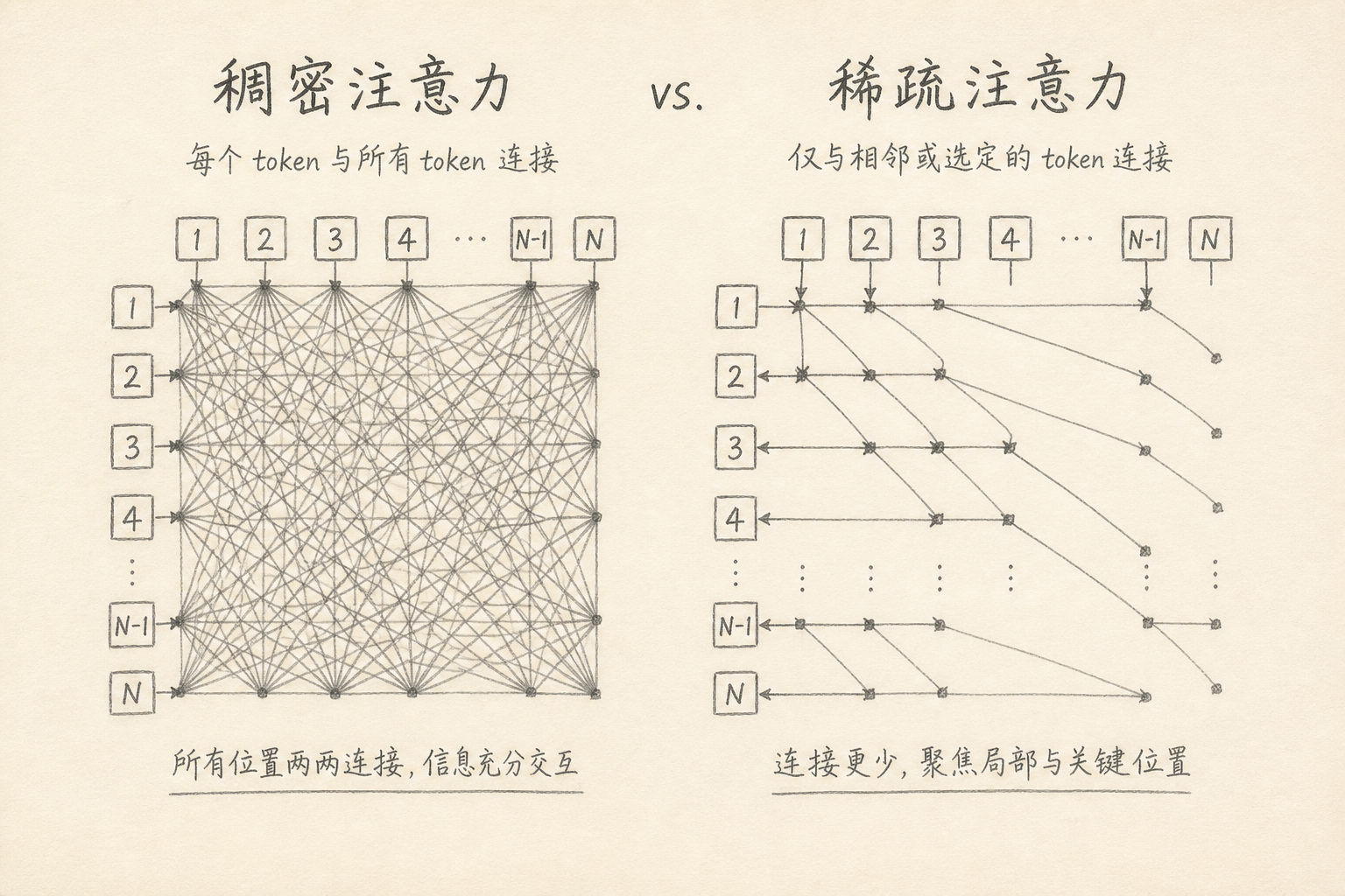 稠密注意力与稀疏连接对照