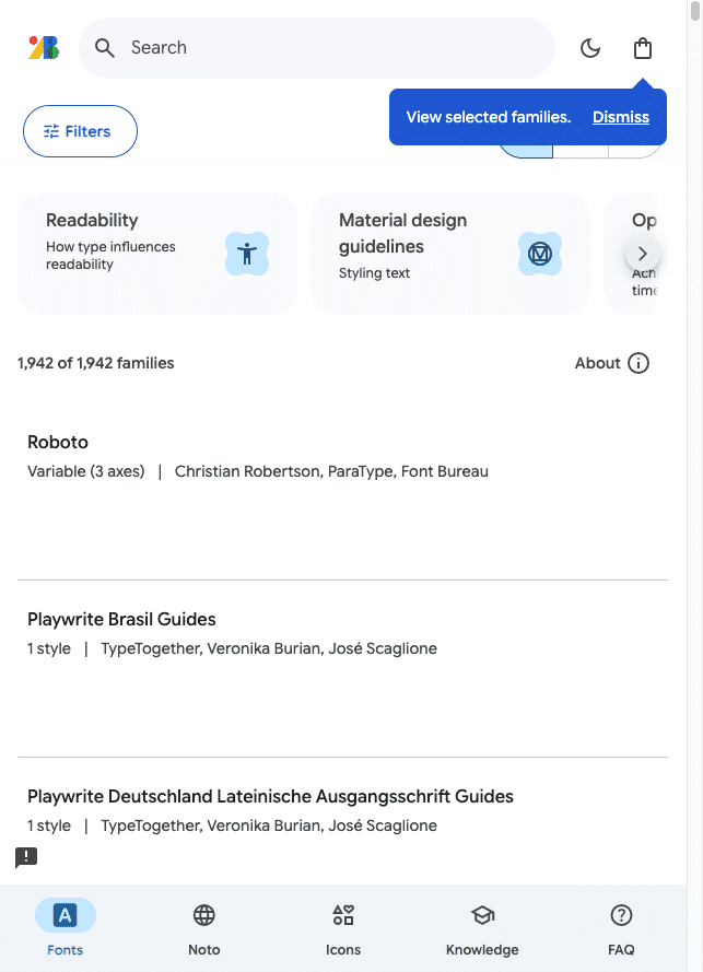 Google Fonts browse UI showing search, filters, Knowledge cards, and about 1,942 font families including Roboto and Inter