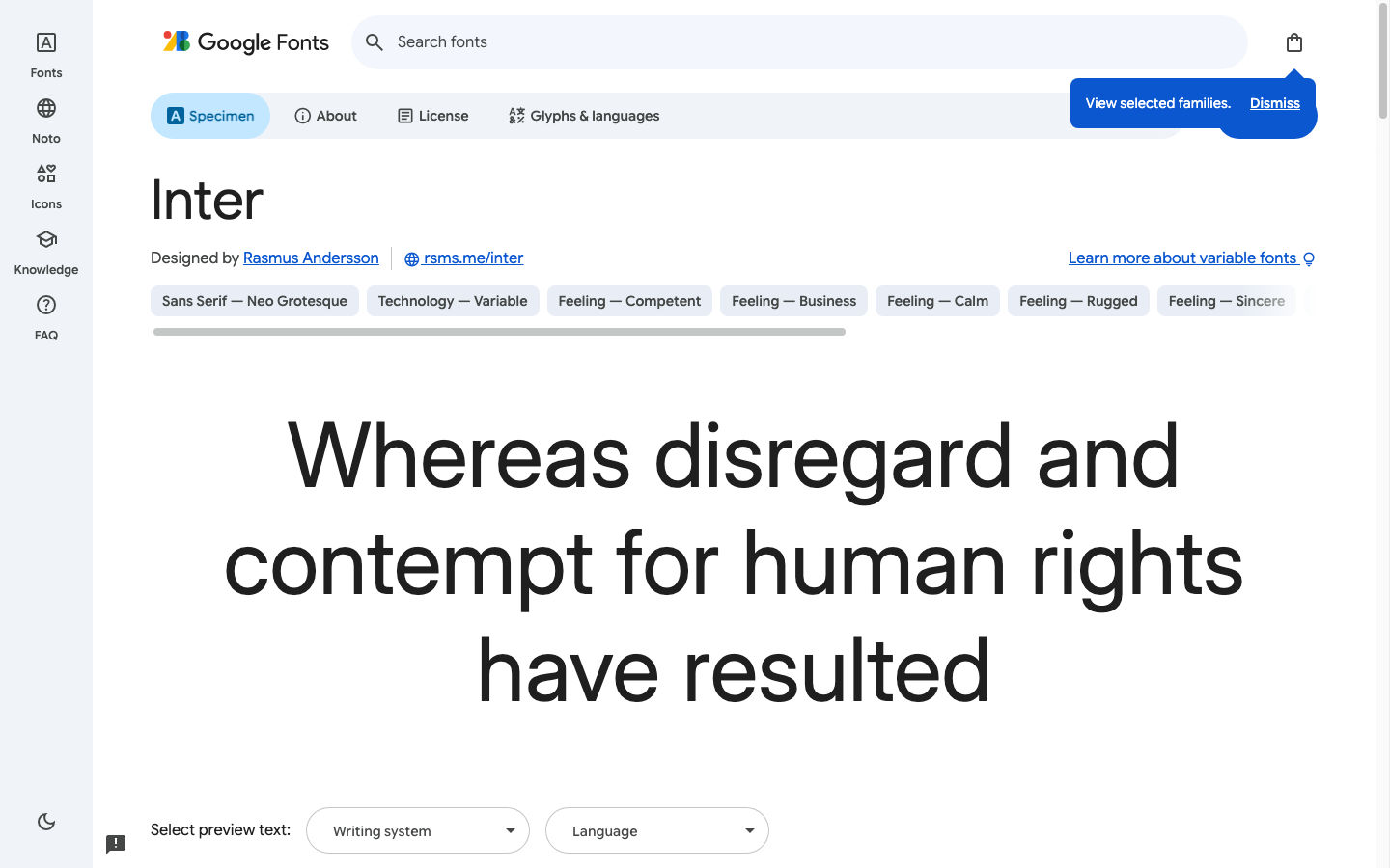 Inter specimen page on Google Fonts with large preview text and style controls