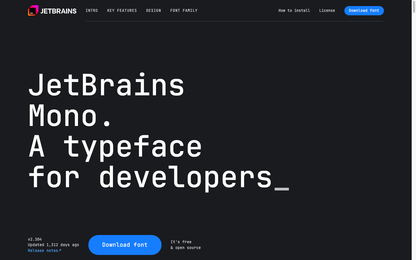 JetBrains Mono landing page highlighting free download and coding-focused monospace design