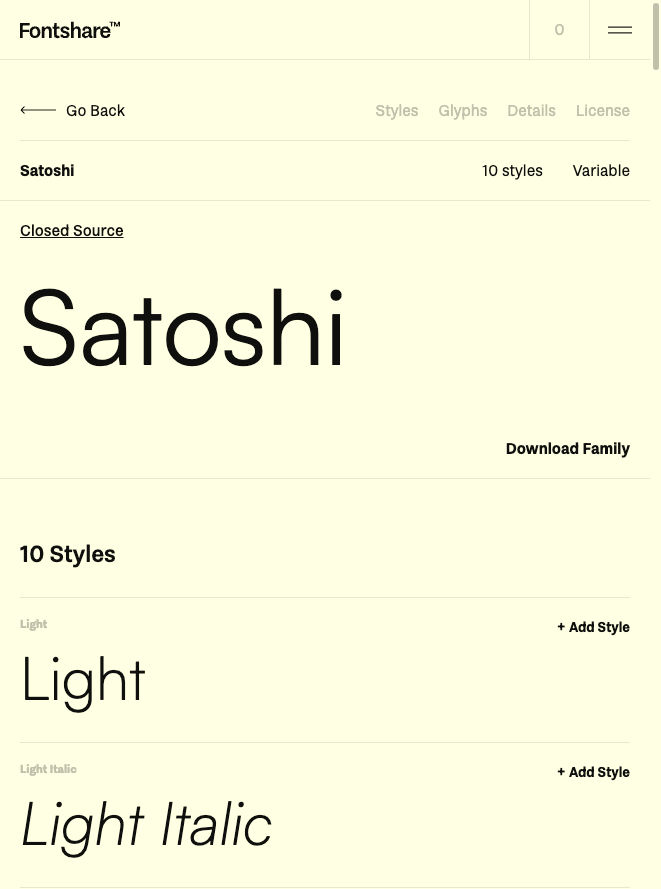 Official Fontshare Satoshi family page showing the large Satoshi specimen, Closed Source license label, and Light through Black style list