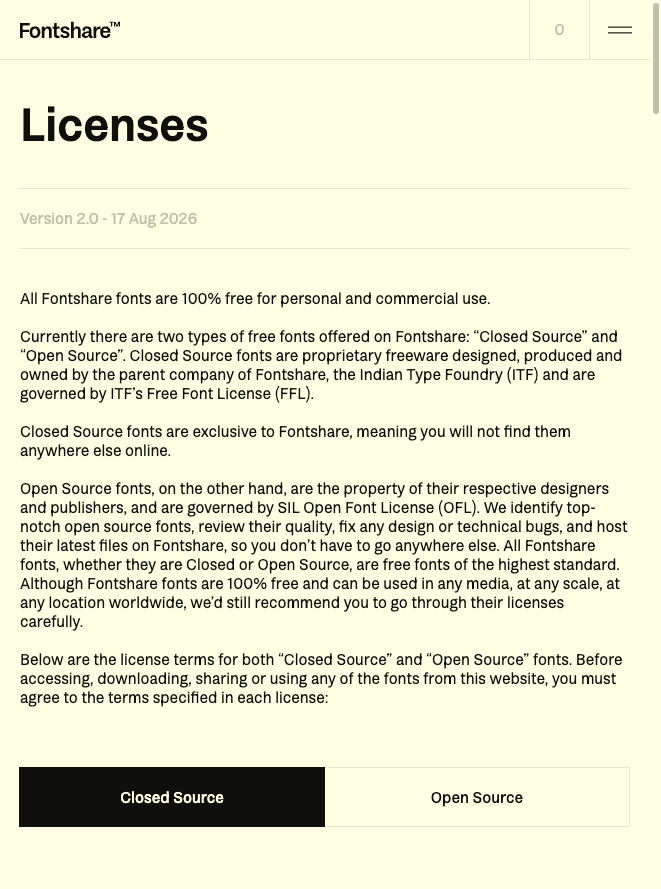 Fontshare Licenses page explaining Closed Source ITF Free Font License versus Open Source SIL OFL fonts, both free for personal and commercial use
