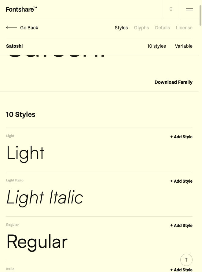 Fontshare Satoshi Styles tab listing Light, Light Italic, Regular, and other styles under the 10 Styles heading