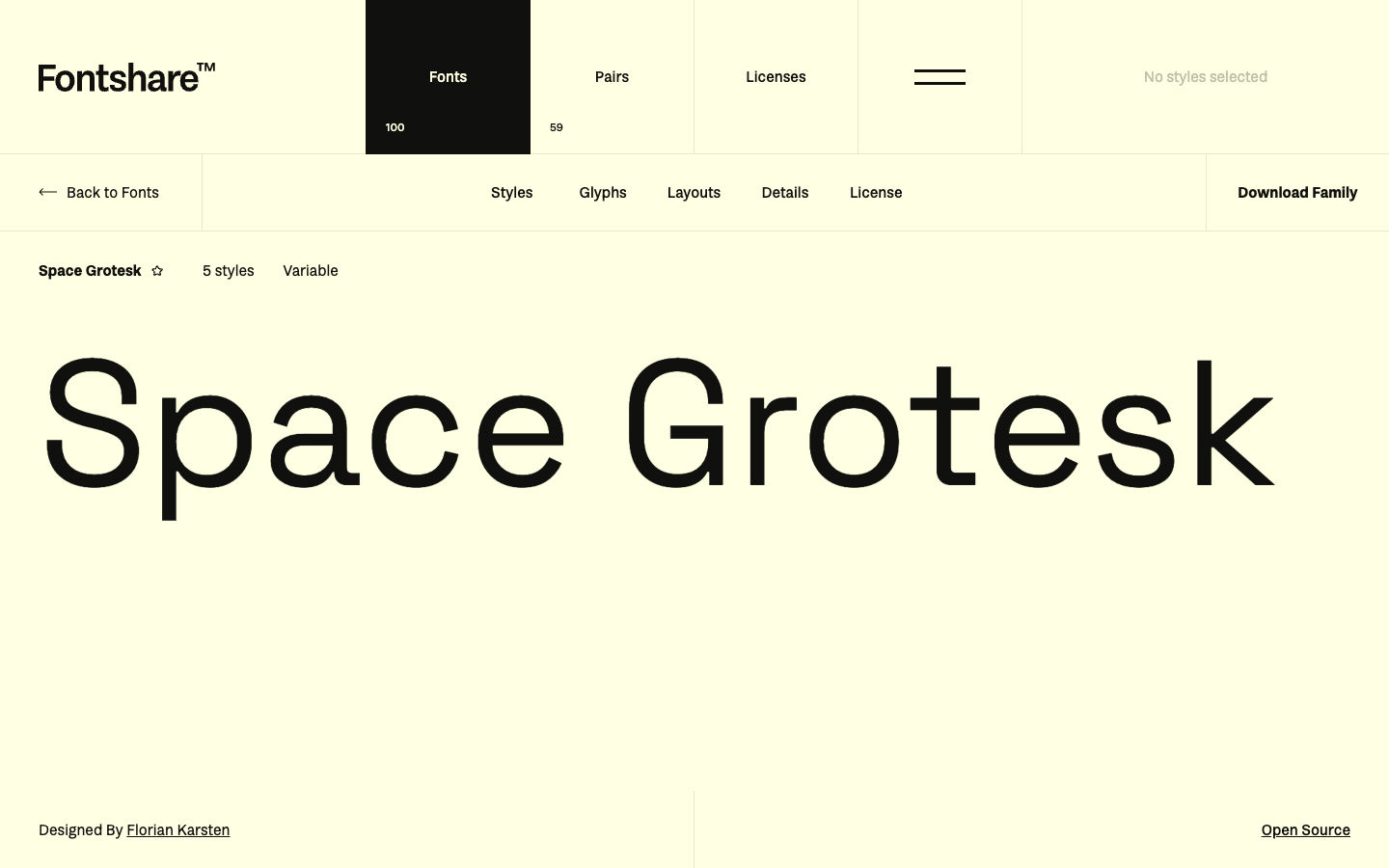 Official Fontshare Space Grotesk family page showing the large Space Grotesk specimen, 5 styles, Variable label, Florian Karsten credit, and Open Source license