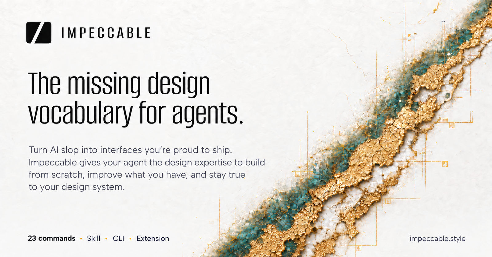 Impeccable marketing graphic for the agent frontend design skill and AI slop detector