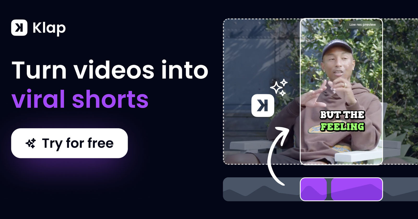 Klap homepage with the headline Turn videos into viral shorts and a vertical clip preview of a speaker with captions