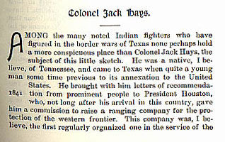 Colonel Jack Hays story from the book Indian Depredations in Texas by J. W. Wilbarger