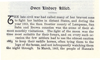 Owen Lindsey Killed story from the book Indian Depredations in Texas by J. W. Wilbarger