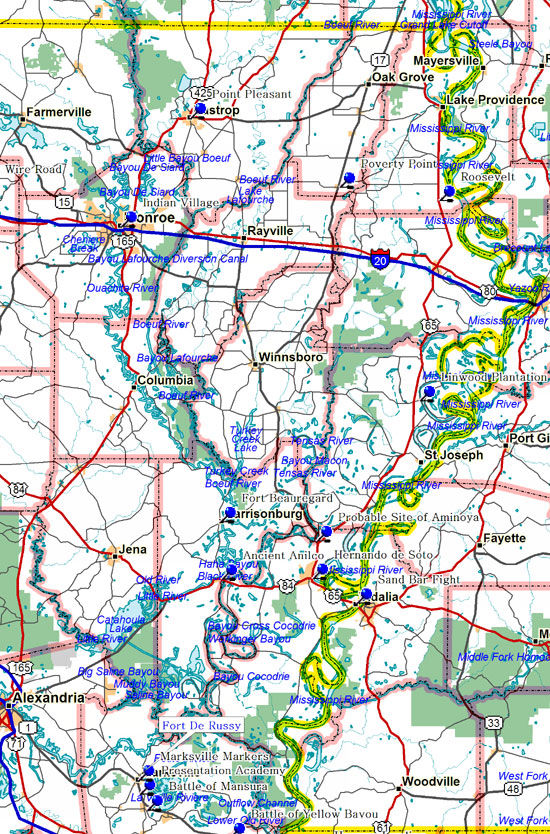 Tourist plantations along Louisiana ' s River Road. Map by Stephen P.