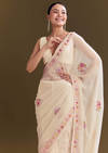 Off White Georgette Saree With Kashmiri Thread Buds