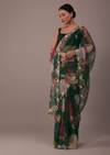 Deep Green Floral Printed Saree In Organza With Cut Dana Butti All Over