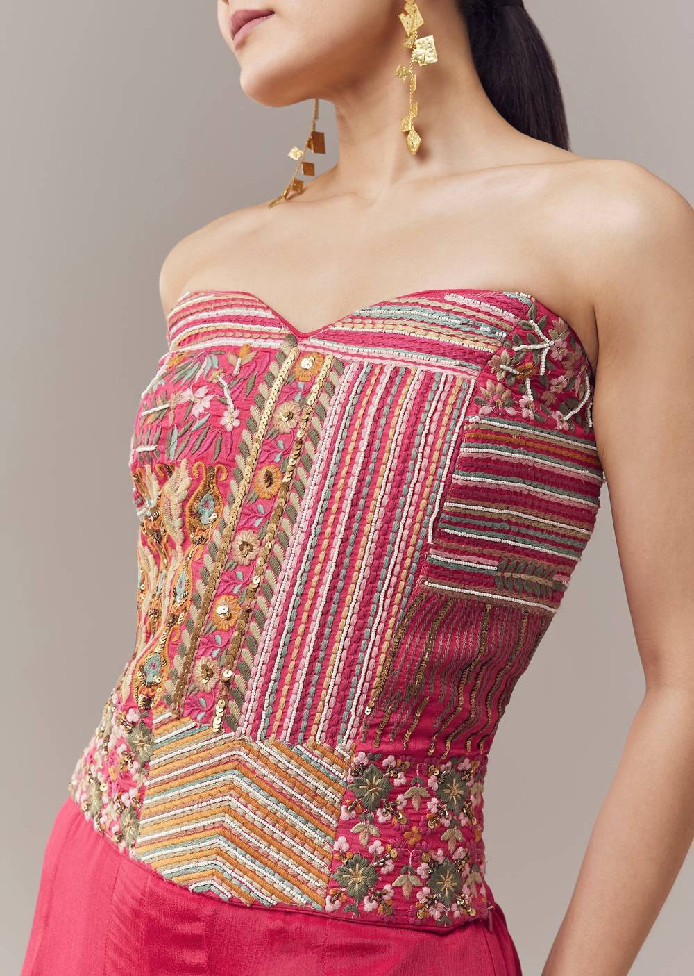 Pink Corset Crop Top And Pants Set With Thread And Sequins Work