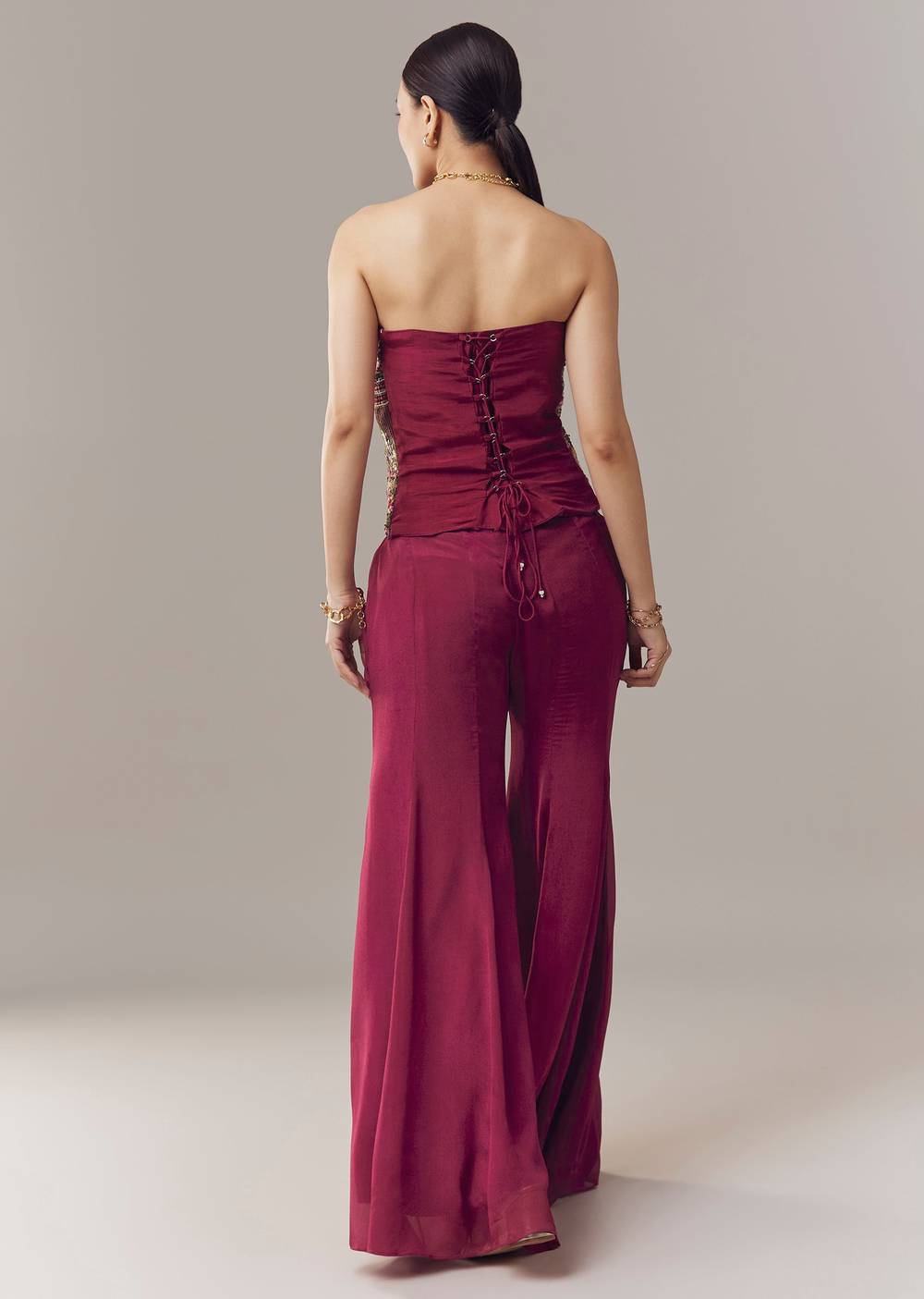 Wine Corset Crop Top And Pants Set With Thread And Sequins Work