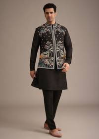 Black Hand Embellished Mirror Work Jacket And Kurta Set In Silk