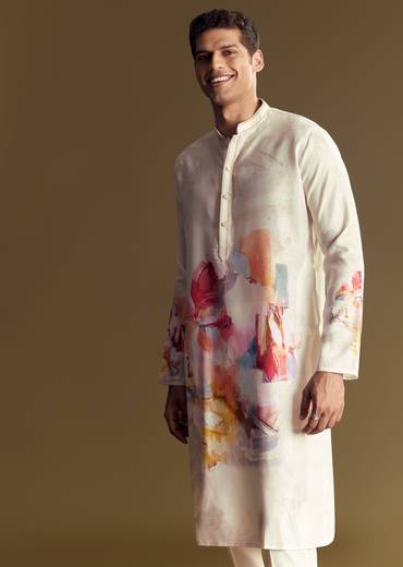 Cream Linen Kurta Set With Abstract Artistic Print