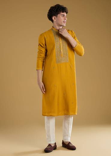 Mustard Yellow Silk Kurta Set With Thread Detail Work