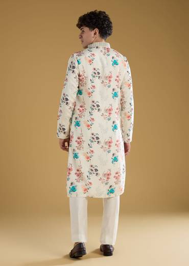 Off White Silk Linen Printed Kurta Set With Threadwork