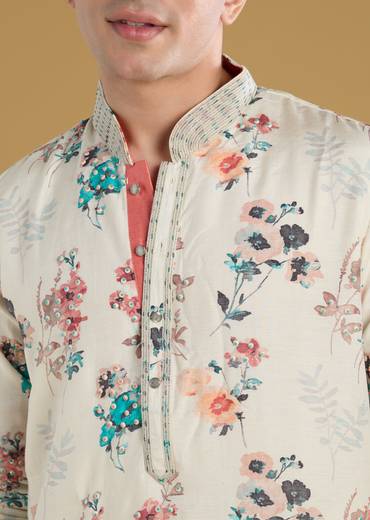 Off White Silk Linen Printed Kurta Set With Threadwork