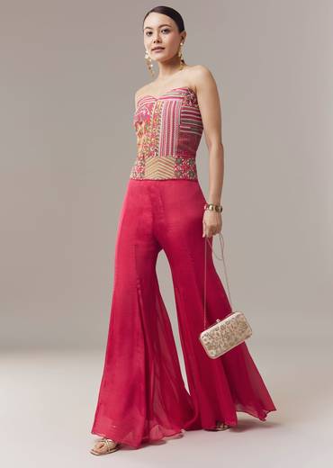 Pink Corset Crop Top And Pants Set With Thread And Sequins Work