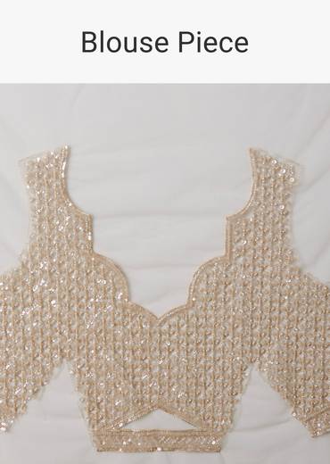 Beige Net Floral Jaal Bead Work Saree with Unstitched Blouse