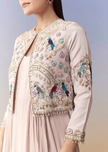 Baby Pink Cowl Draped Sequin Gown and Jacket Set