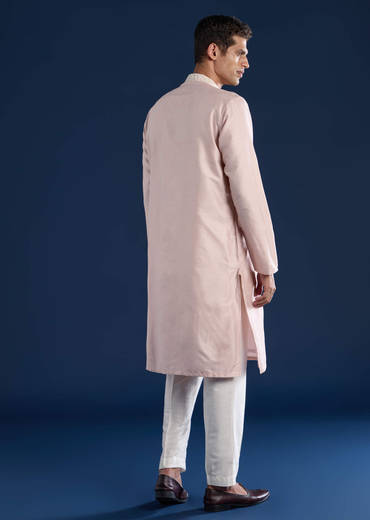 Baby Pink Kashmiri Work Banarsi Silk Mens Kurta and Pant Set