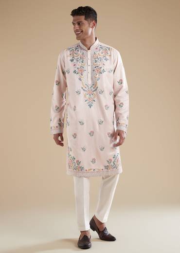 Baby Pink Modal Mens Kurta Set with Thread Resham Detail Work