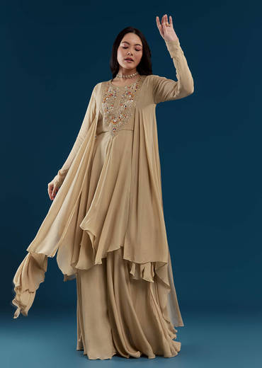 Beige Asymmetric Kurta Palazzo Set