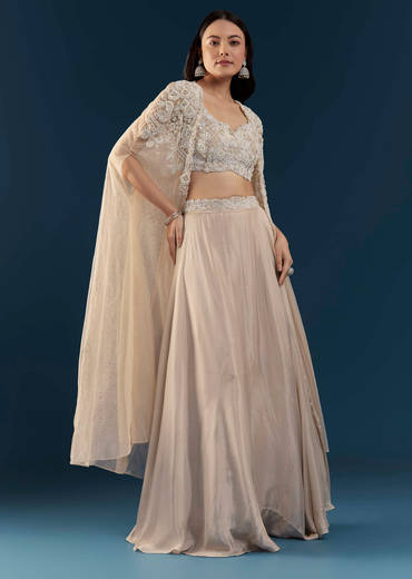 Beige Chinon Silk Crop Top Palazzo Set with Cape