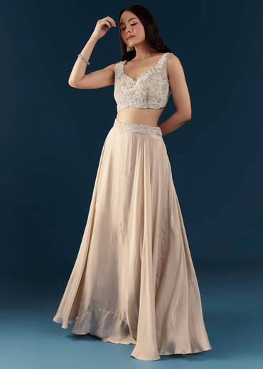 Beige Chinon Silk Crop Top Palazzo Set with Cape