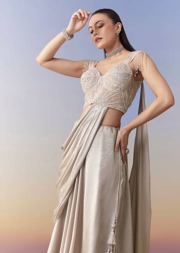 Beige Draped Crop Top Skirt Set with Cutdana Work