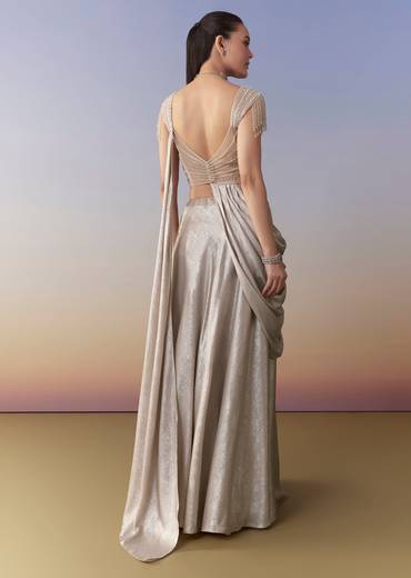 Beige Draped Crop Top Skirt Set with Cutdana Work