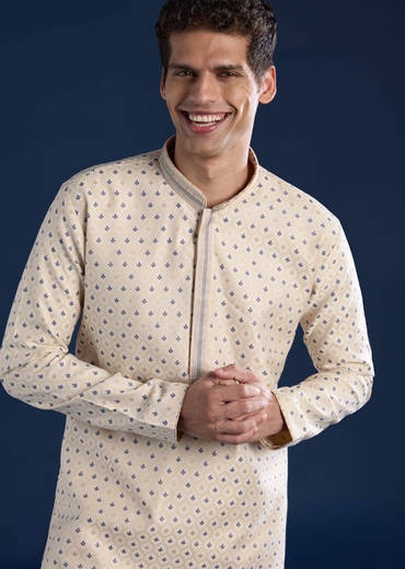 Beige Jacquard Mens Kurta and Pant Set