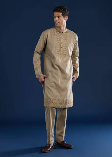 Beige Linen Blend Mirror Work Kurta and Pant Set