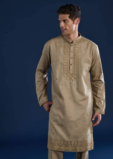 Beige Linen Blend Mirror Work Kurta and Pant Set