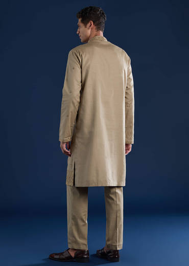Beige Linen Blend Mirror Work Kurta and Pant Set
