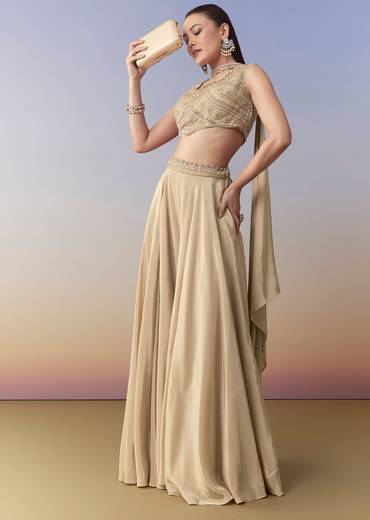 Beige Moti Work Crop Top Palazzo and Dupatta Set