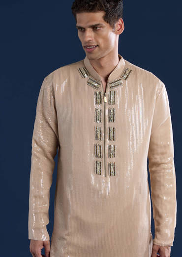Beige Sequin Embellished Mens Kurta and Pant Set